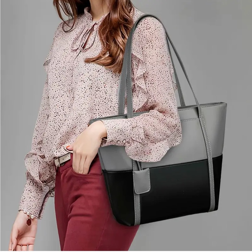 Two-Tone Gray & Black Structured Tote Bag with Pocket NIP - Picture 6 of 14